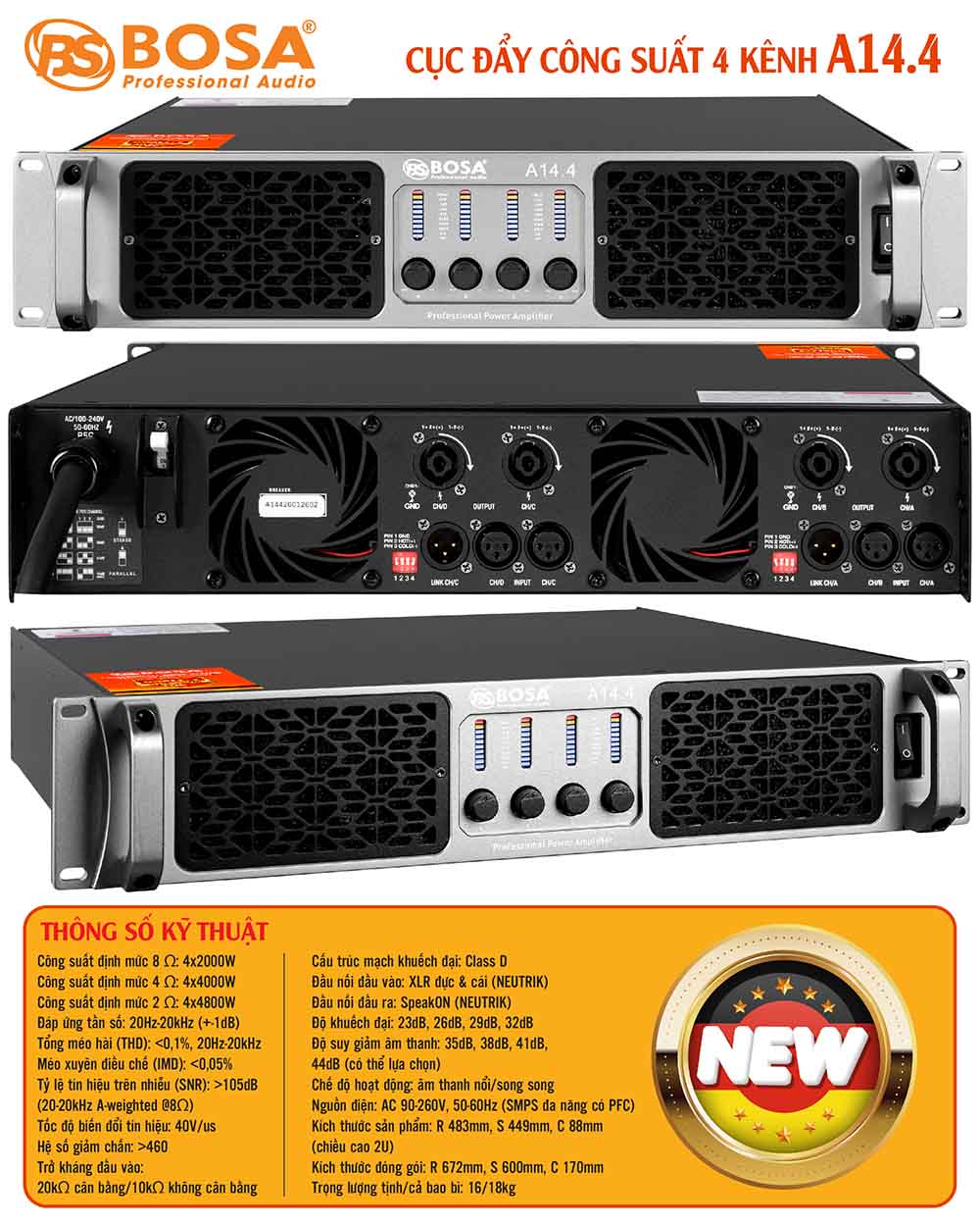 Cục đẩy công suất 4 kênh bosa A14.4