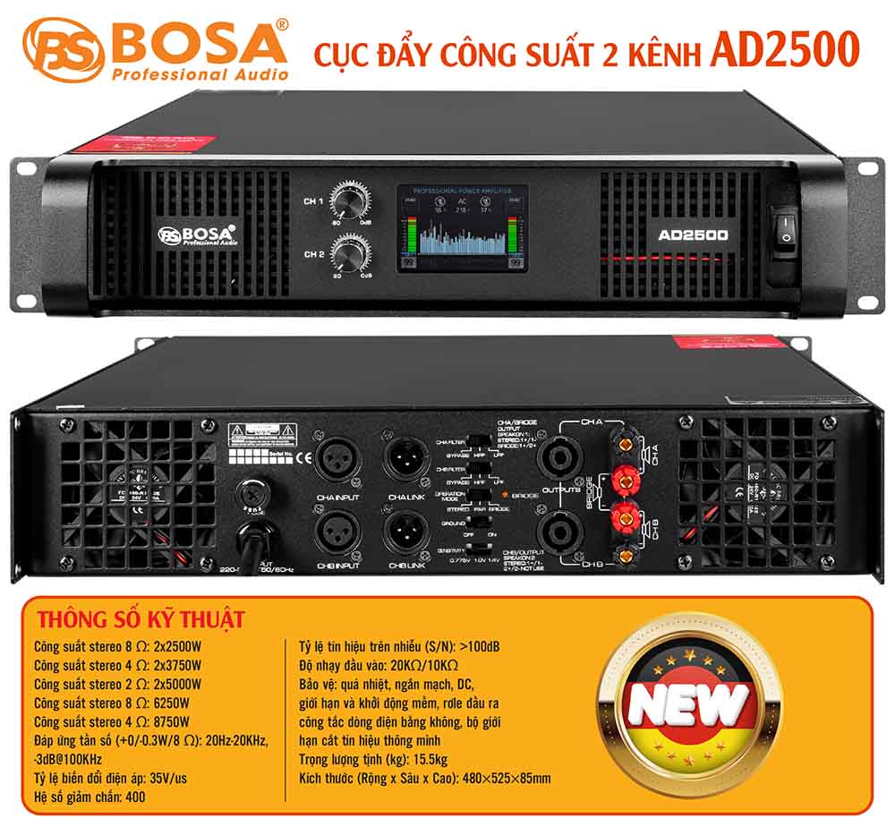 Cục đẩy công suất 2 kênh bosa AD2500