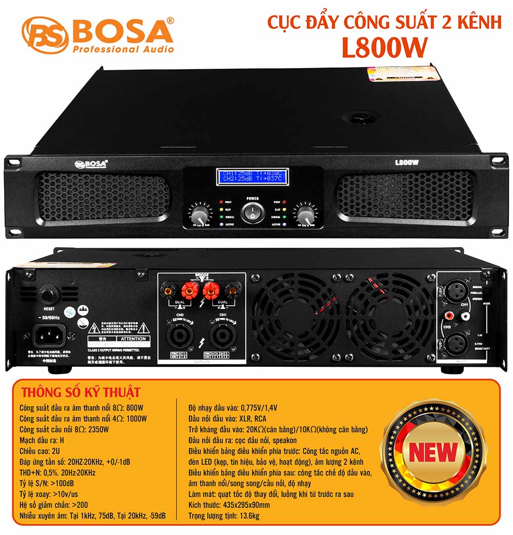 Cục đẩy công suất 2 kênh bosa L800W