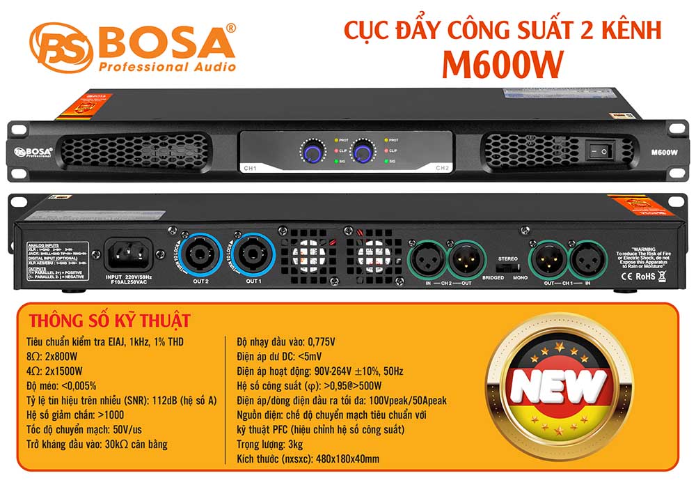 Cục đẩy công suất 2 kênh bosa M600W