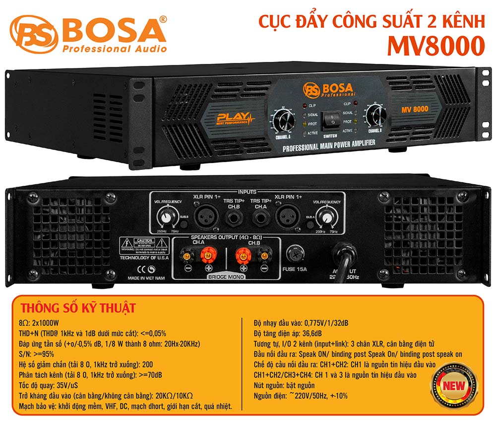 Cục đẩy công suất 2 kênh bosa MV8000