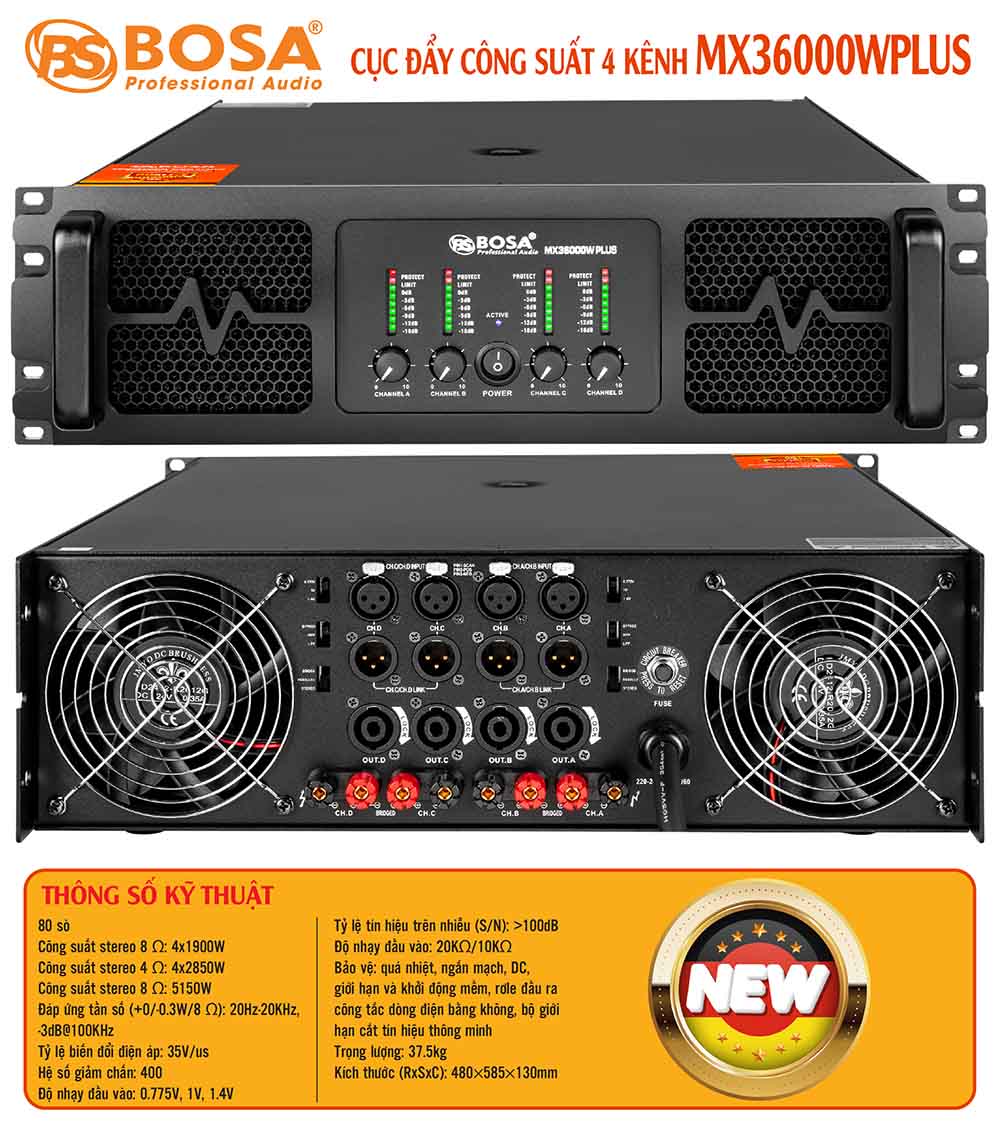 Cục đẩy công suất 4 kênh bosa MX36000WPLUS