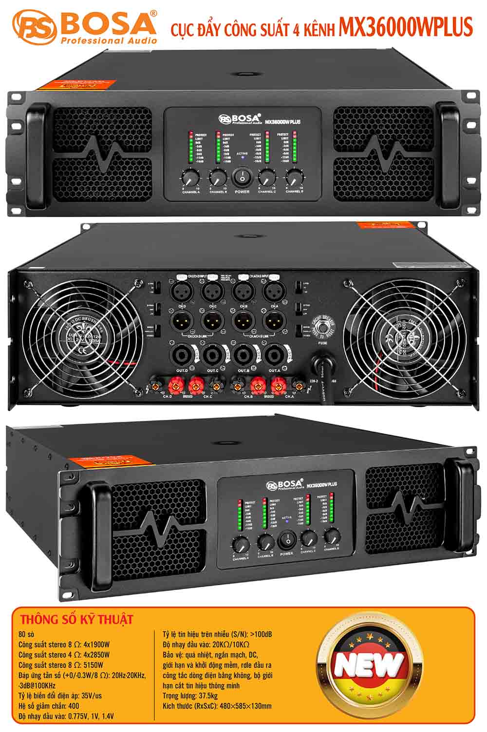 Cục đẩy công suất 4 kênh bosa MX36000WPLUS