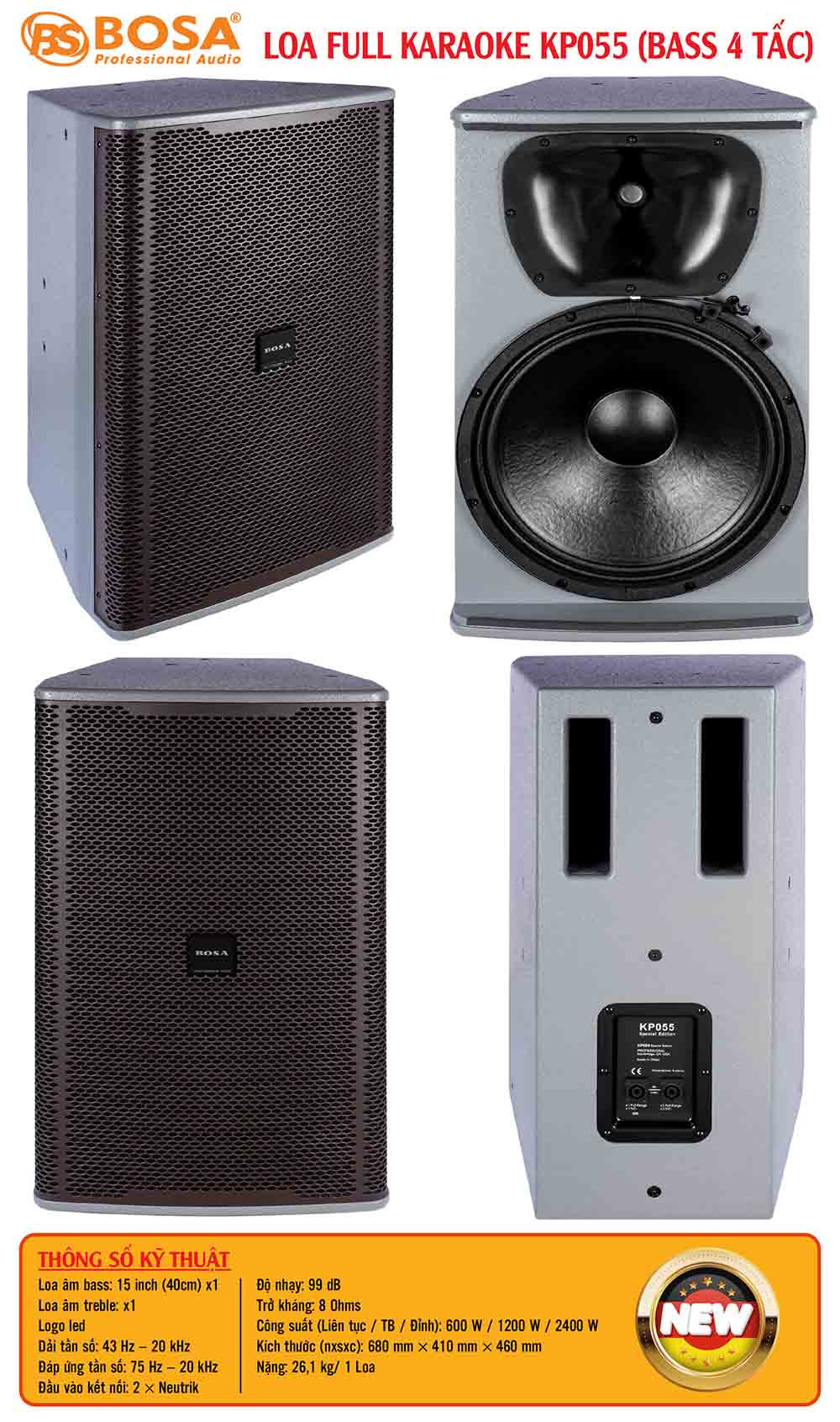 Loa full karaoke bosa KP055 (Bass 4 tấc) xám xanh