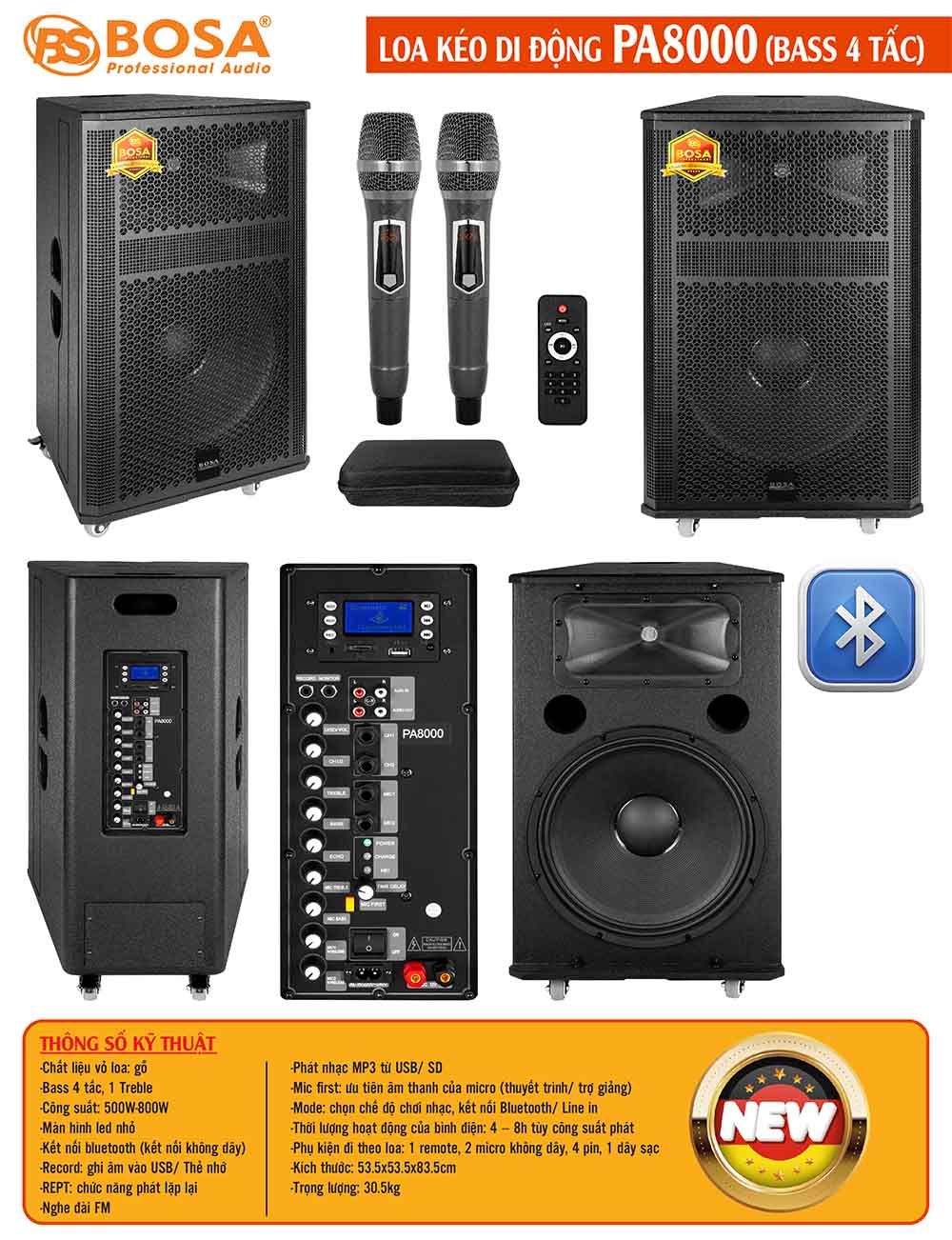 Loa kéo di động bosa PA8000 (bass 4 tấc)