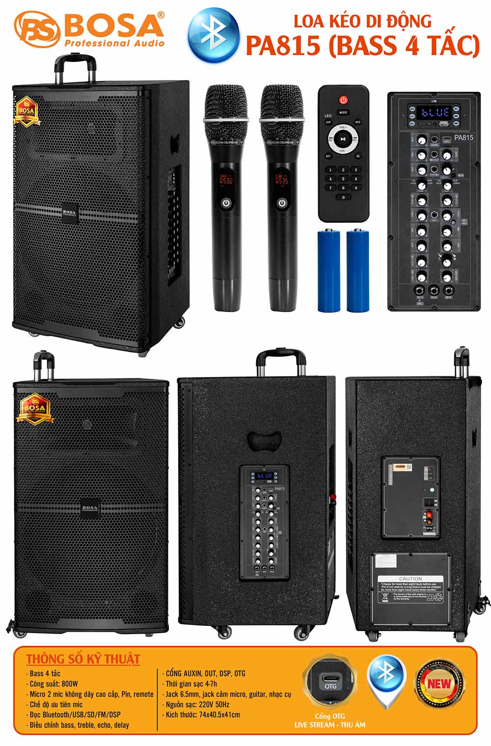 LOA KÉO DI ĐỘNG BOSA PA815 (BASS 4 TẤC)